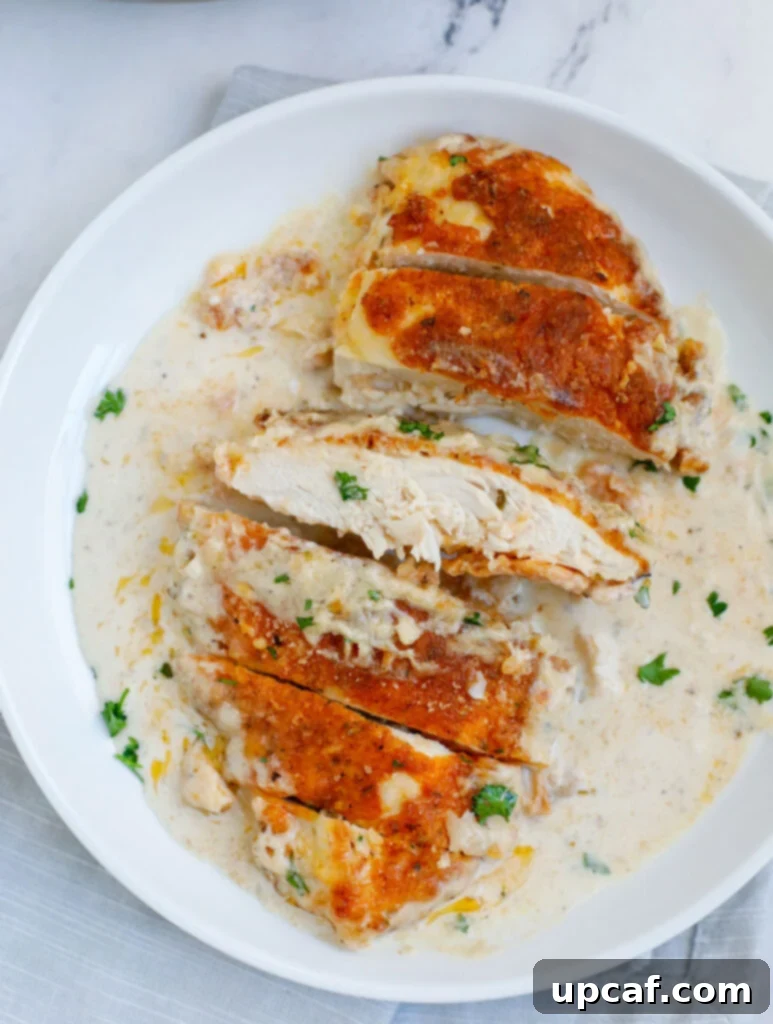 Close-up of a perfectly cooked, tender creamy Caesar chicken cutlet, sliced to reveal its juicy interior, garnished with fresh herbs.