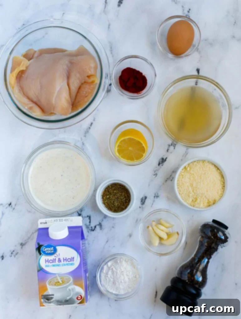 Assortment of fresh ingredients laid out on a kitchen counter, ready to be used for making creamy skillet chicken: chicken breasts, garlic, various spices, half and half, chicken broth, Parmesan cheese, and Caesar dressing.