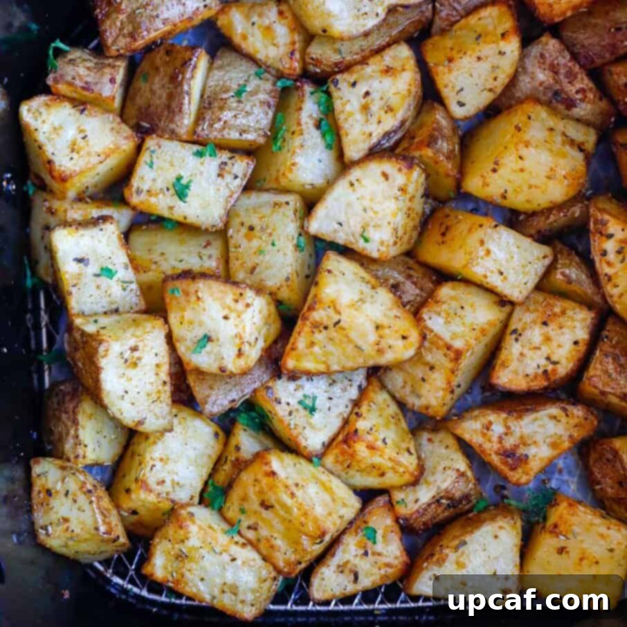 air fryer potatoes inside of an air fryer basket after cooking.