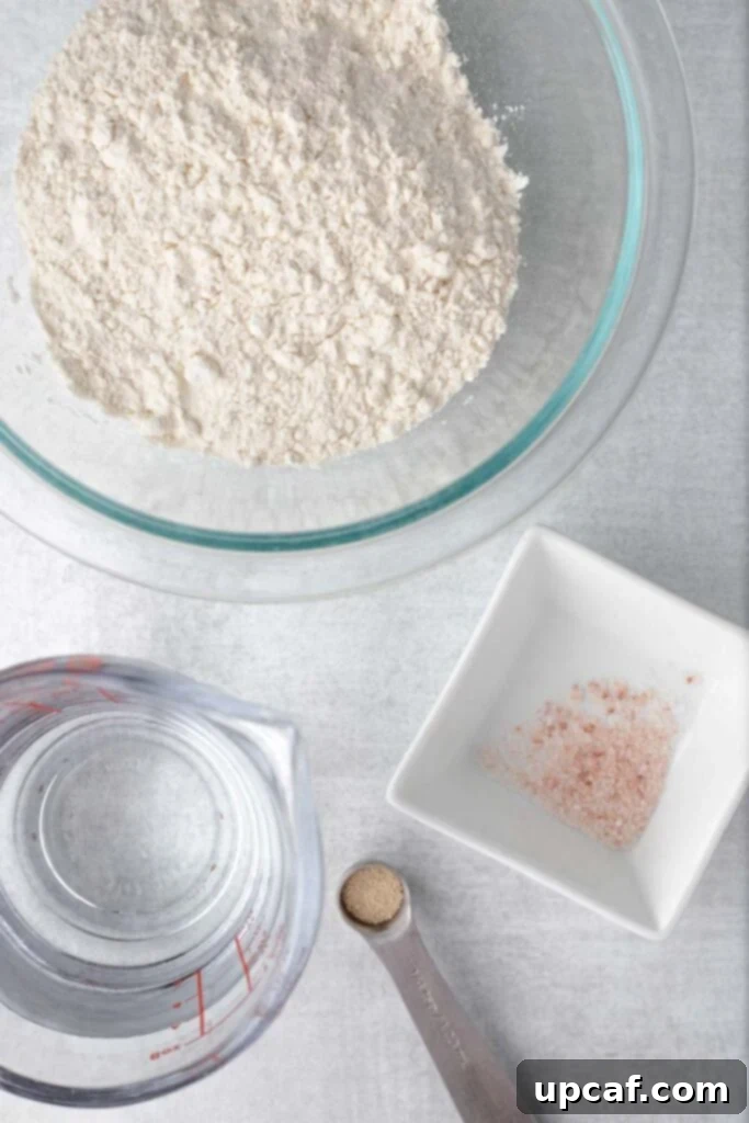 An overhead shot showcasing the core ingredients: bread flour, fresh water, instant yeast, and fine salt, neatly arranged.