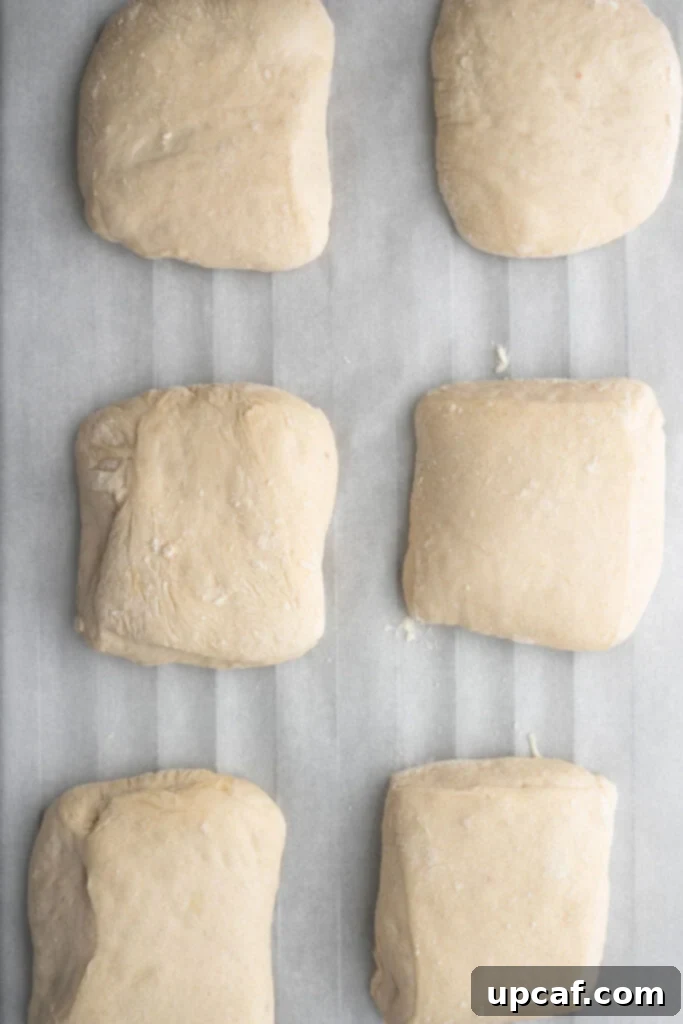 Eight squarish ciabatta dough portions resting on parchment paper on a floured surface, ready for final proofing.