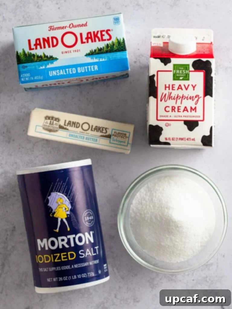 All the essential ingredients neatly laid out on a kitchen counter, ready to be used for making homemade caramel sauce.