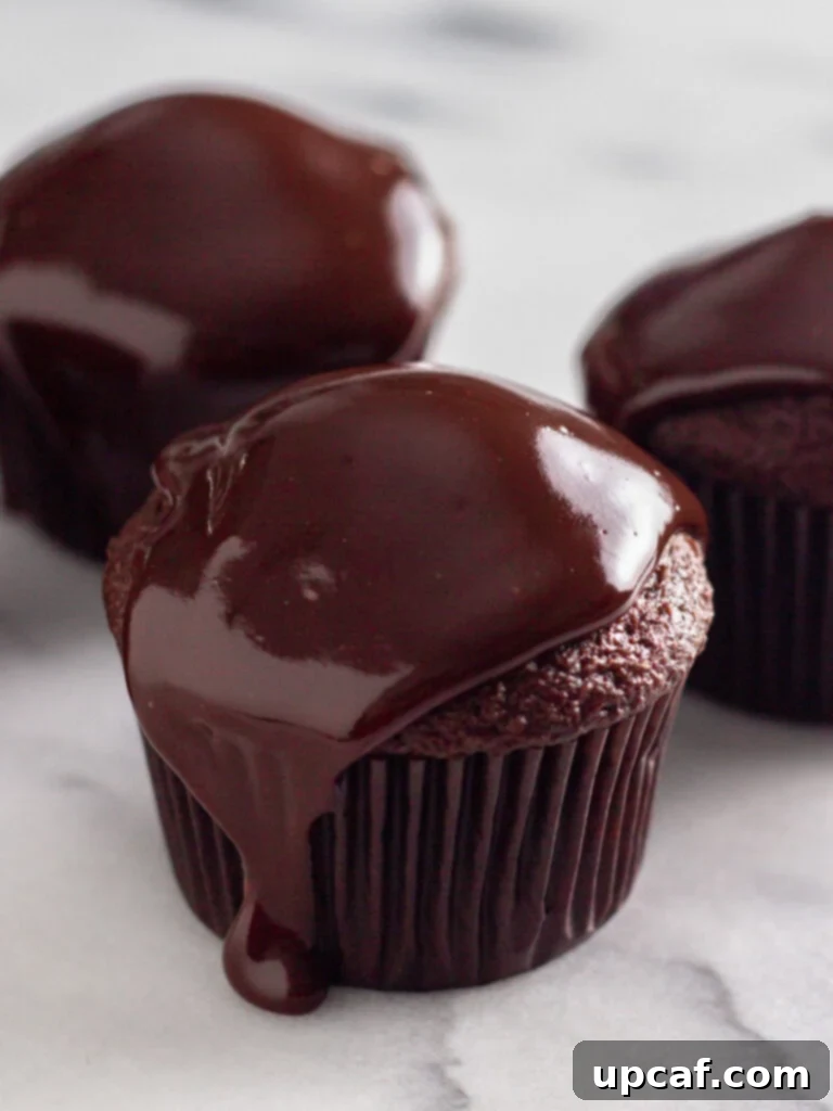 Three beautifully frosted cupcakes adorned with a rich chocolate ganache topping, ready to be enjoyed.