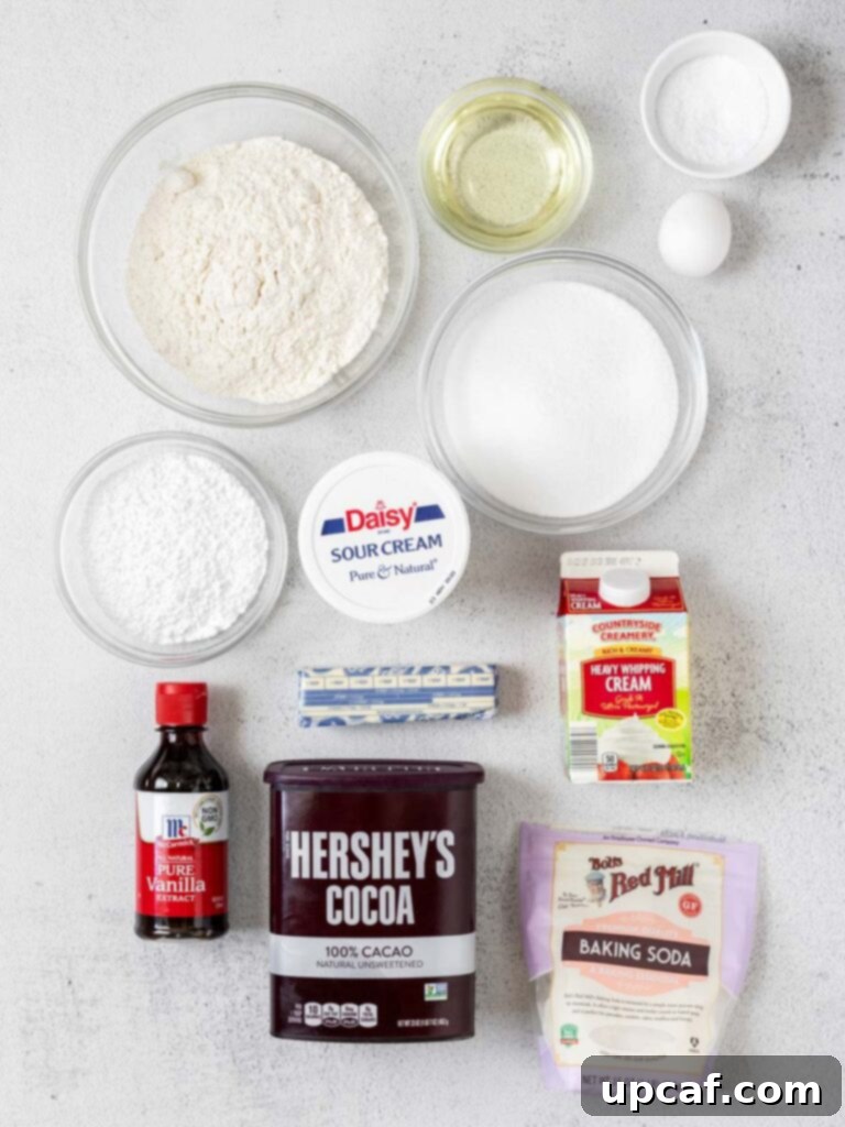 Top-down shot of various chocolate cupcake ingredients laid out on a surface, including flour, sugar, cocoa, and wet ingredients.