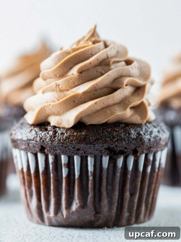 Perfectly piped chocolate frosting on a rich chocolate cupcake, ready to be enjoyed.