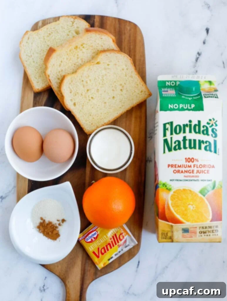 Ultimate Orange French Toast 3 Ingredients for making orange French toast laid out on a kitchen counter.
