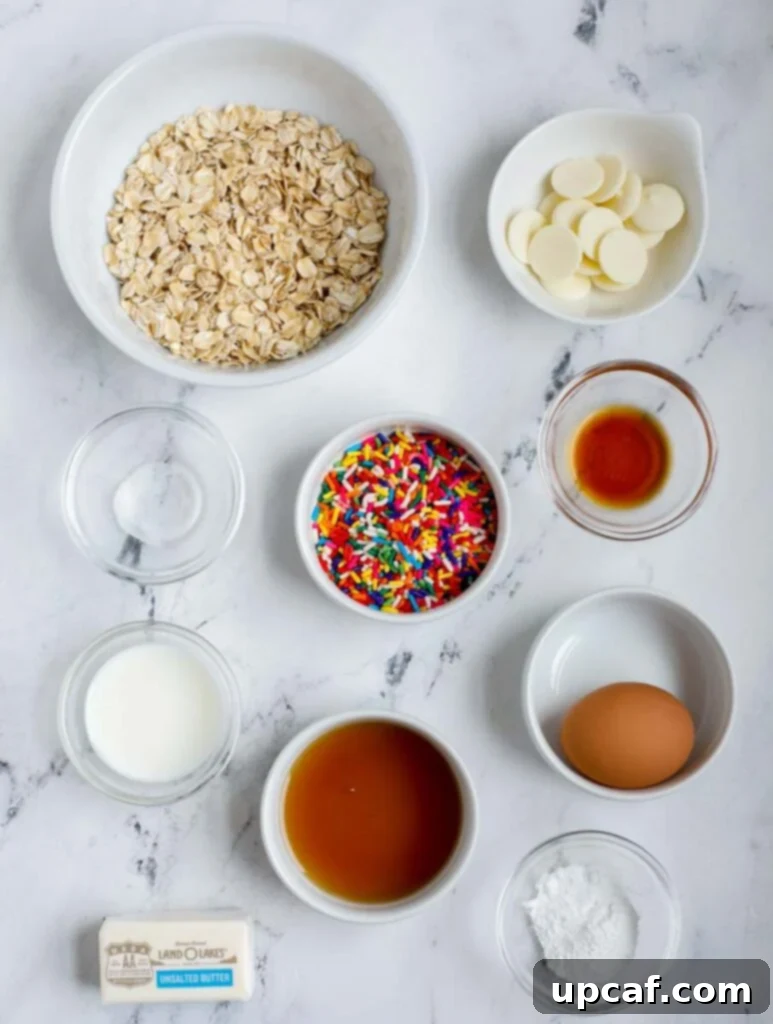 Ingredients needed to make Tik Tok funfetti baked oats displayed on a counter.