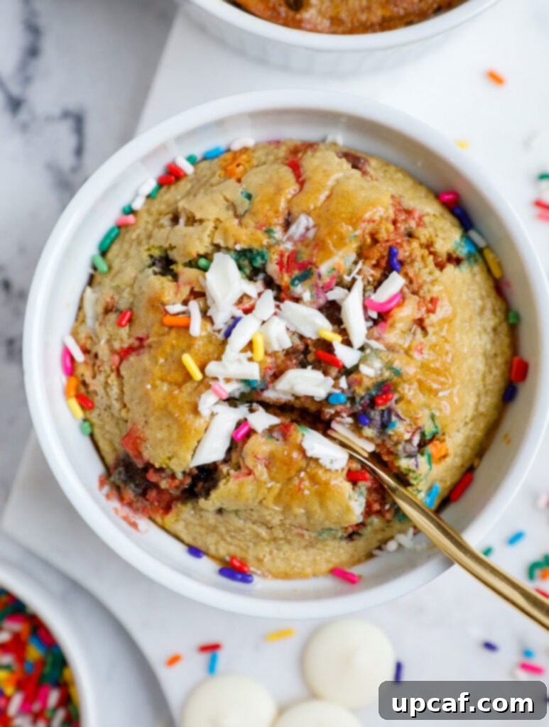 Photo of funfetti baked oats with a spoon scooping in, showcasing the perfect texture.
