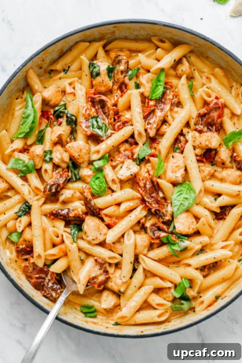Creamy sun-dried tomato pasta in a pot, ready to be served.