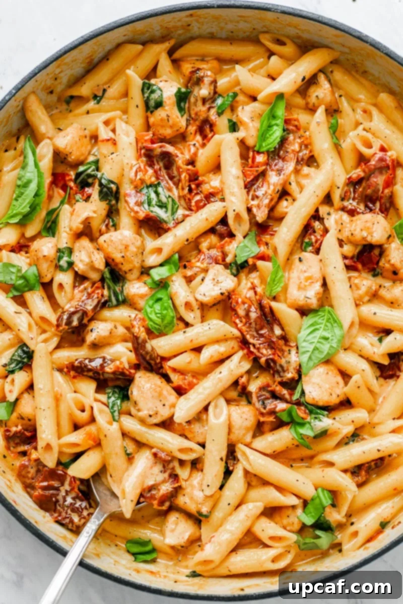 Close up of sun-dried pasta in a pot with fresh basil on top, highlighting the rich texture.