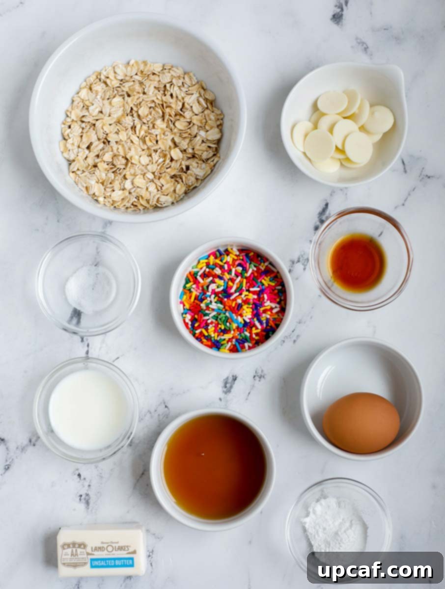 Baked Oats Reimagined Three Delicious Versions 3 Ingredients needed to make Tik Tok funfetti baked oats, including oats, milk, egg, maple syrup, melted butter, sprinkles, and white chocolate chips.