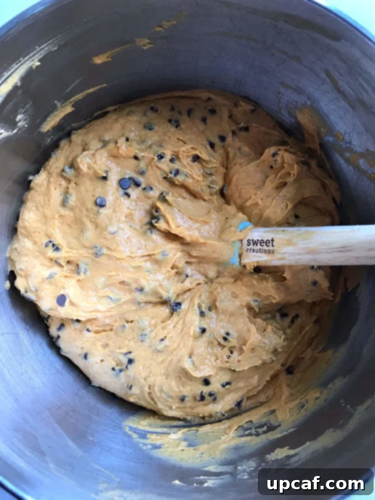Raw chocolate chip pumpkin muffin batter in a mixing bowl, ready for the oven.