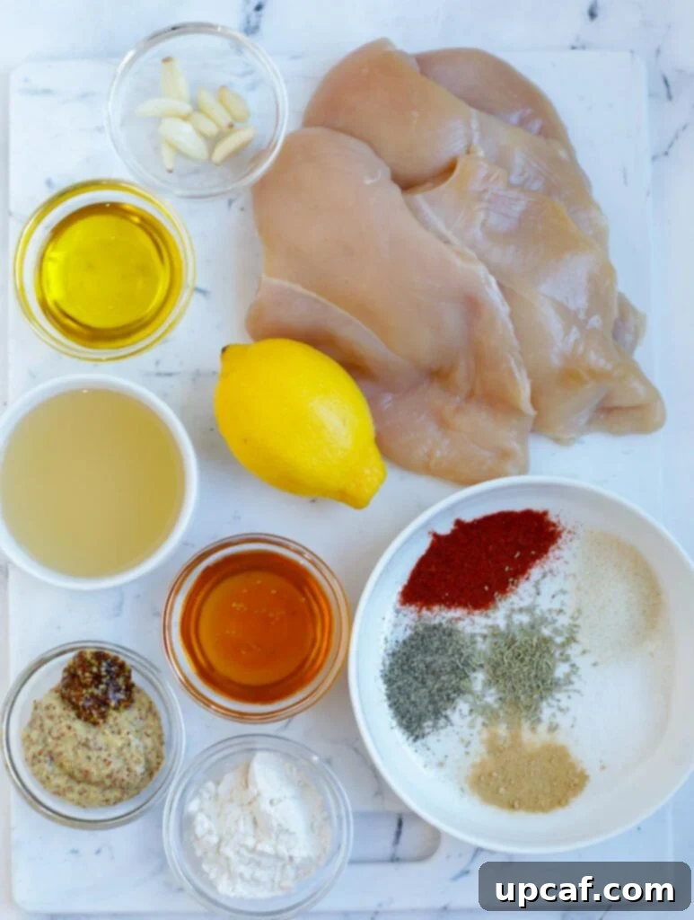 Overhead image of ingredients needed to make honey mustard chicken.