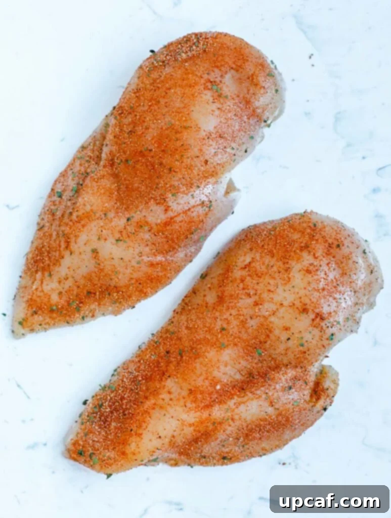 Seasoned chicken breasts, ready for searing.