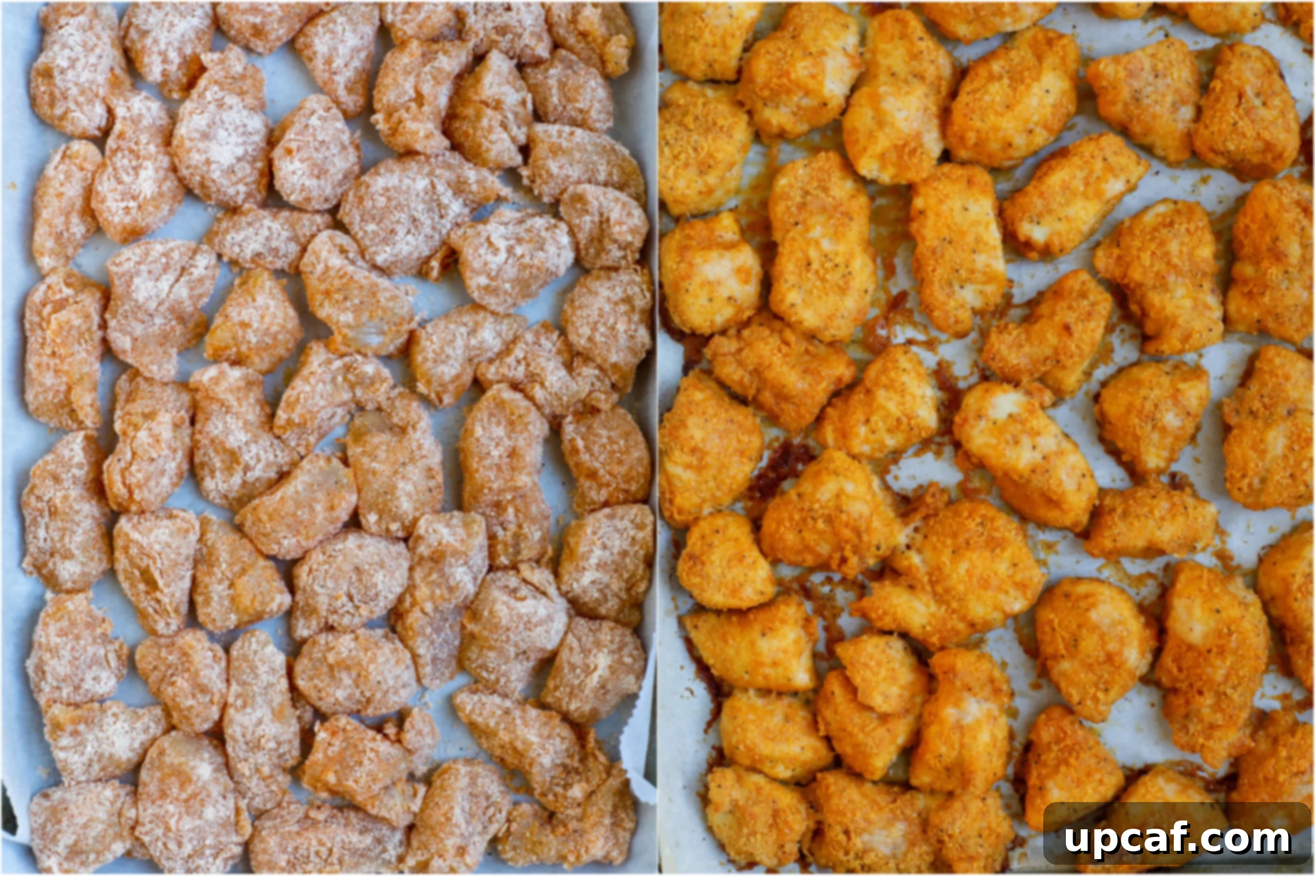 Wholesome Orange Chicken 5 Before and after baking: A sheet pan with unbaked crispy chicken pieces and another with golden-brown, baked chicken.