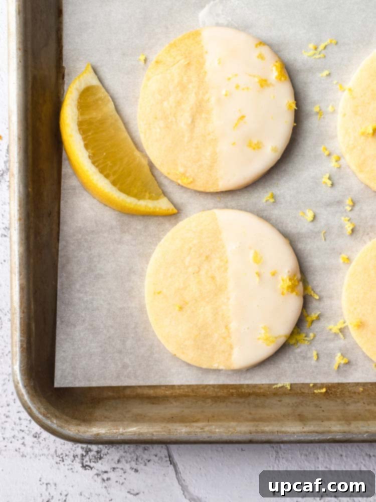 Tangy Lemon Glazed Shortbread 11 A single lemon shortbread cookie, elegantly half-dipped in white lemon icing and garnished with fresh lemon zest, rests on a parchment-lined baking sheet, looking enticingly fresh.