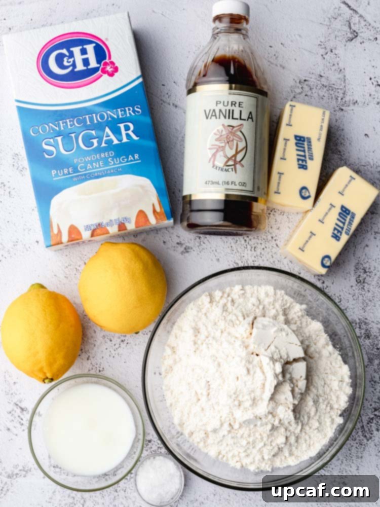 Tangy Lemon Glazed Shortbread 4 A top-down shot of all the dry ingredients for the lemon shortbread cookies laid out on a clean surface, including flour, powdered sugar, and salt, ready for mixing.