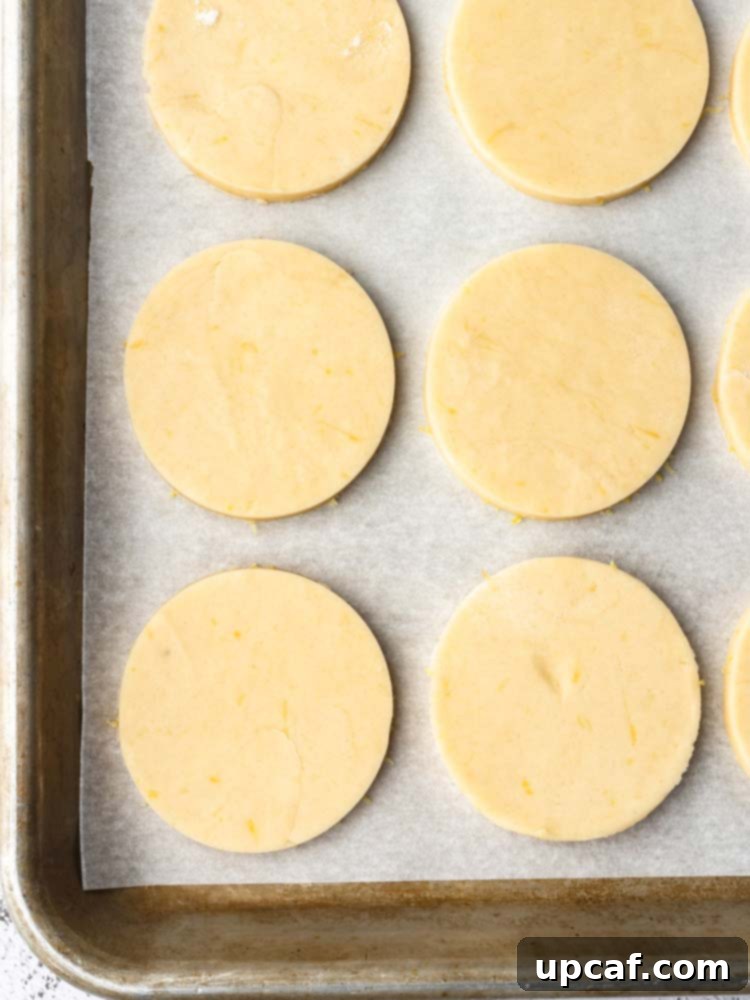 Tangy Lemon Glazed Shortbread 7 A close-up shot of unbaked lemon shortbread cookies, perfectly cut into rounds, carefully arranged on a parchment-lined baking sheet, ready to go into the oven.