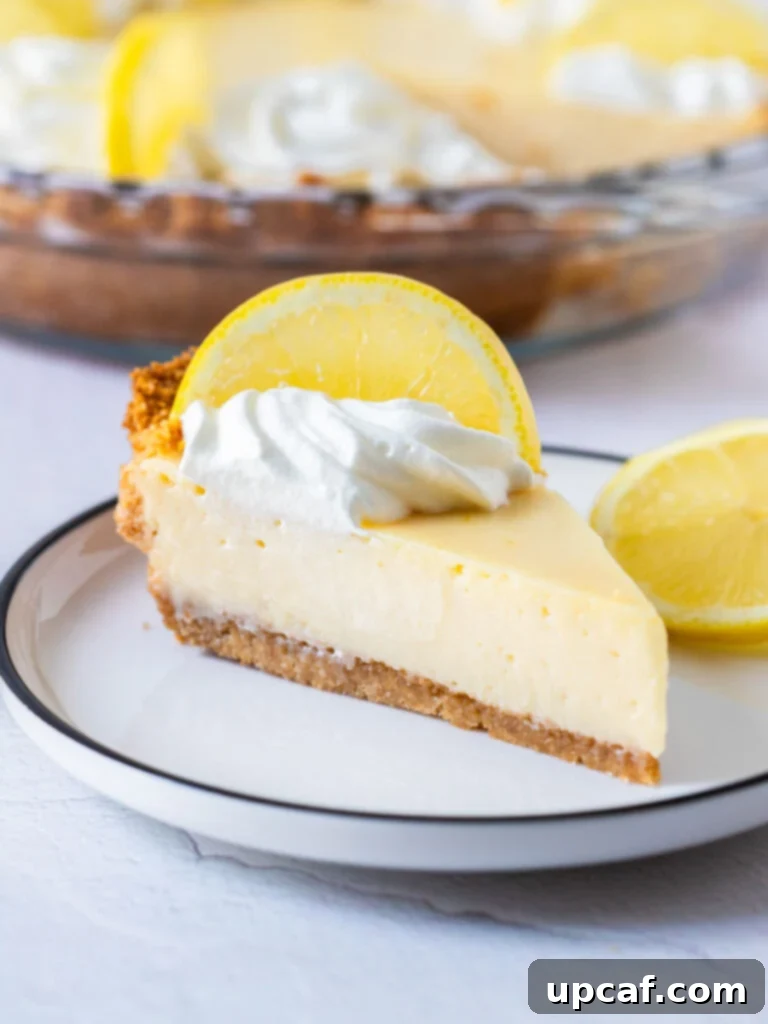 A beautifully presented slice of creamy lemon pie, garnished with a fresh lemon slice, showcasing its smooth texture and golden crust.