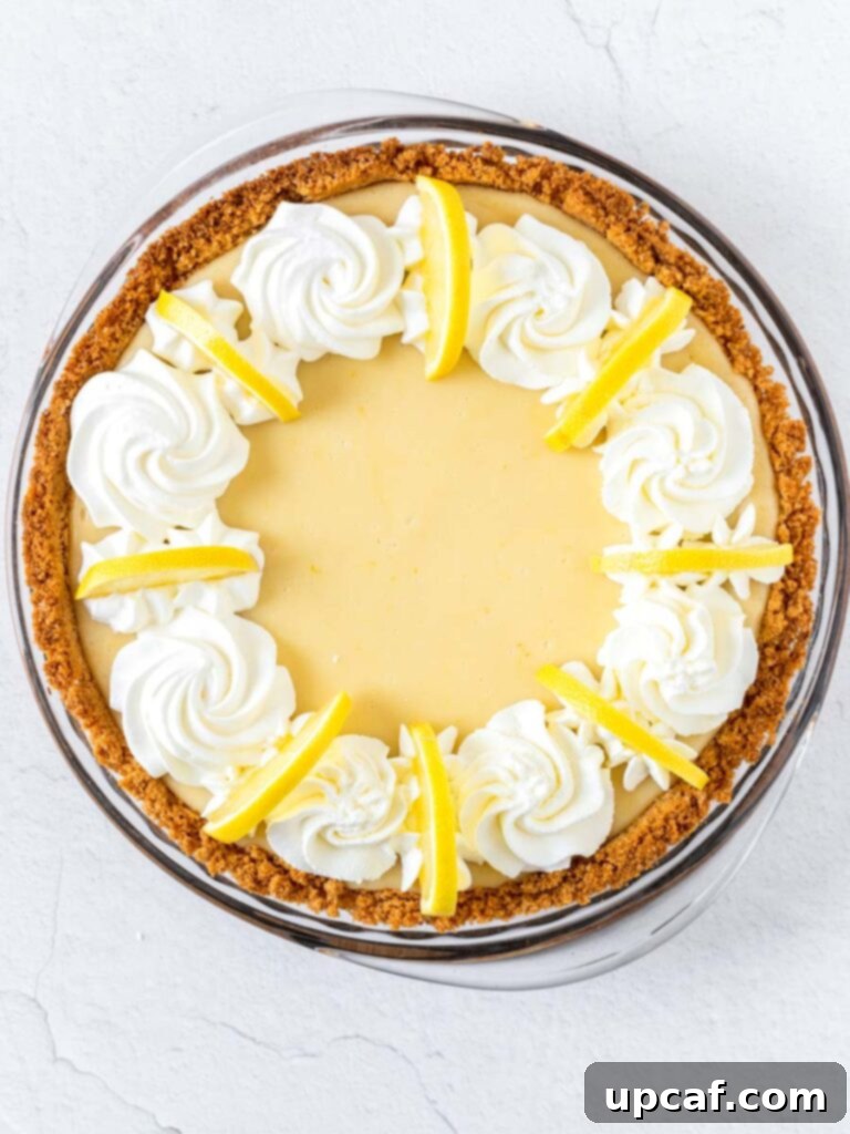 A vibrant top-down view of the entire creamy lemon pie, showcasing its golden crust and smooth, inviting yellow filling.