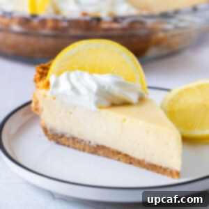 a slice of creamy lemon pie topped with a slice of lemon