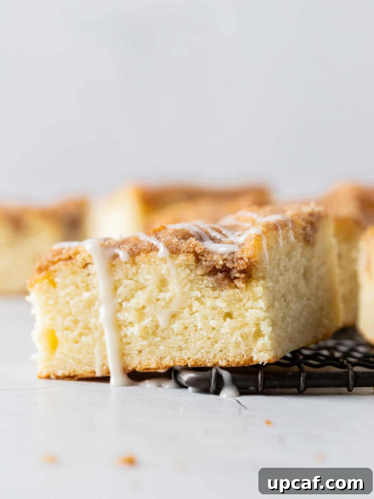 one piece of Cinnamon Streusel Cake on a white plate