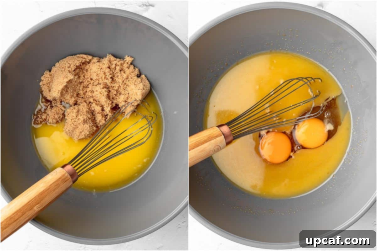 mixing the eggs, sugar and butter in a bowl to create the wet mixture.