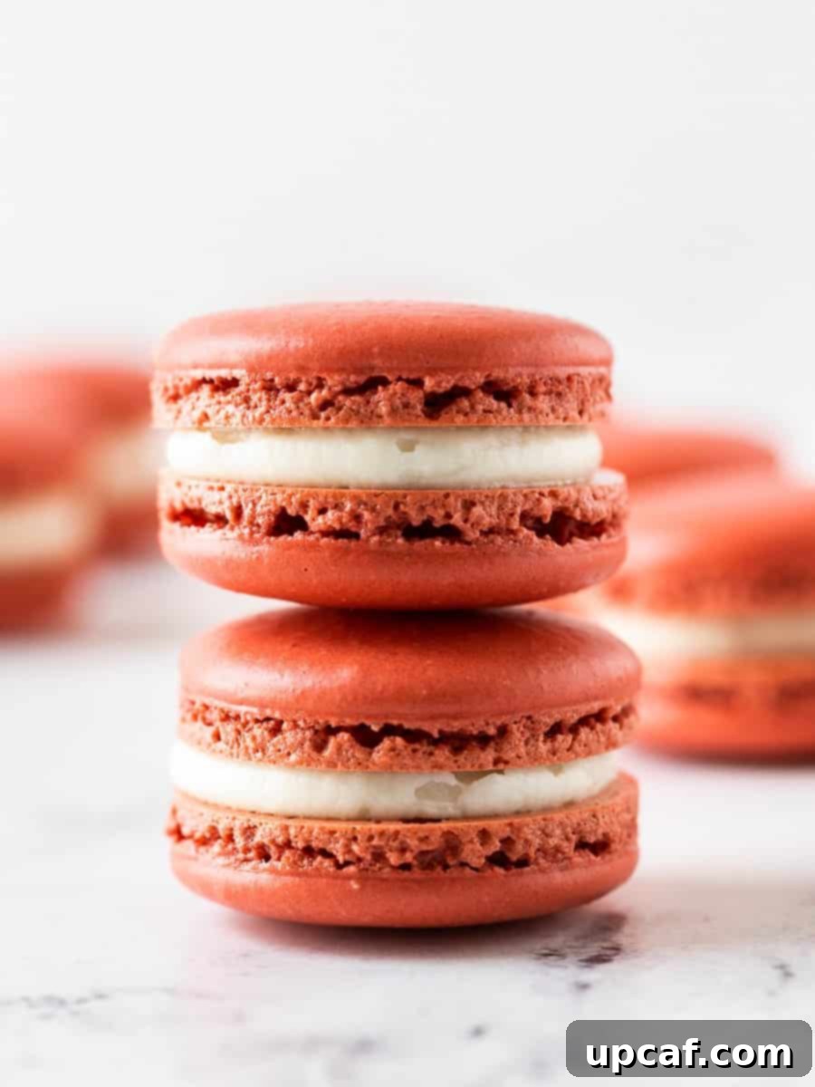 Two vibrant red velvet macarons, perfectly stacked, showcasing their signature 'feet' and inviting texture. One macaron rests atop another, hinting at the delicious cream cheese filling within.