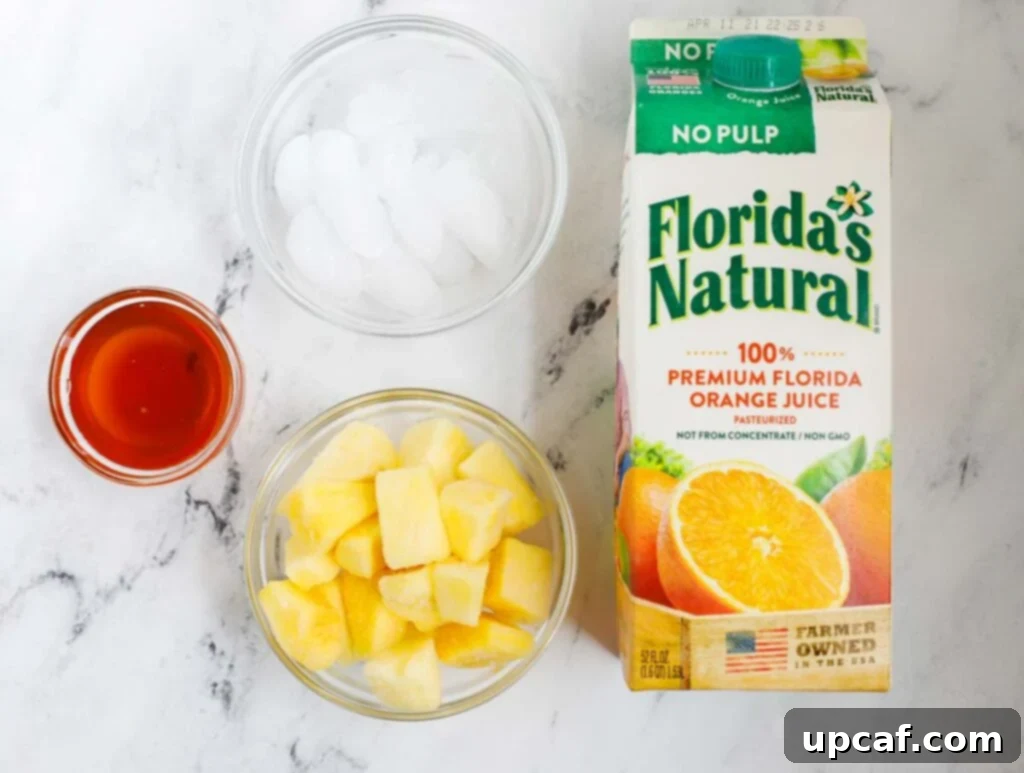 Ingredients needed to make a pineapple slushie.