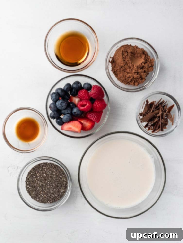 top down shot of the ingredients needed for chocolate chia pudding, including chia seeds, almond milk, maple syrup, cocoa powder, and vanilla extract