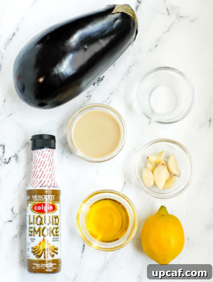 Smoky Lebanese Baba Ganoush 3 A flat lay photograph showcasing all the fresh ingredients required to make Baba Ganoush, including whole eggplants, a lemon, garlic cloves, and a jar of tahini.