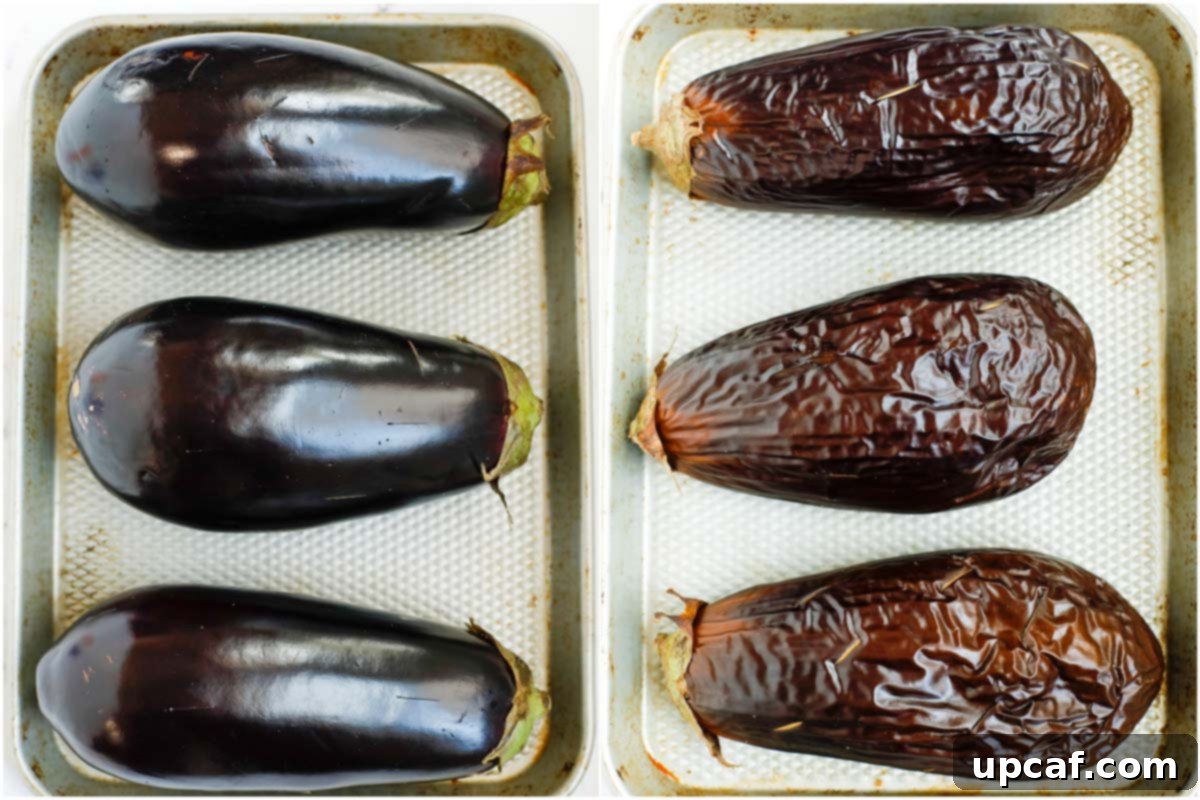 Smoky Lebanese Baba Ganoush 4 A side-by-side comparison image showing a whole, raw eggplant next to a perfectly roasted and tender eggplant, ready for further preparation.