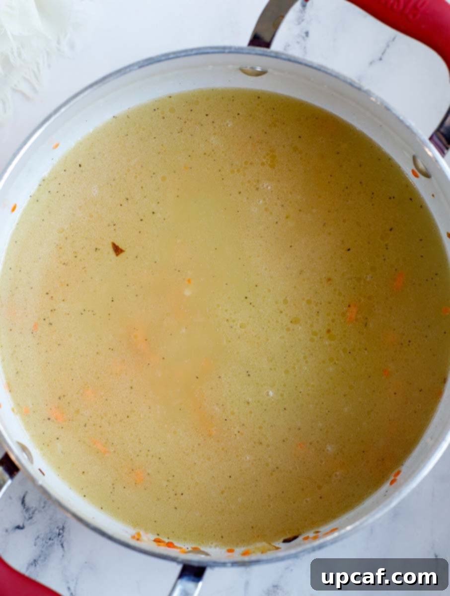 Hearty Lebanese Chicken Lentil Soup 7 The pot, now filled with chicken broth, water, and salt, simmering gently with all the ingredients, forming a rich liquid base.