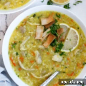 Hearty Lebanese Chicken Lentil Soup 10 A bowl of chicken lentil soup with fried pita and lemon as garnish.