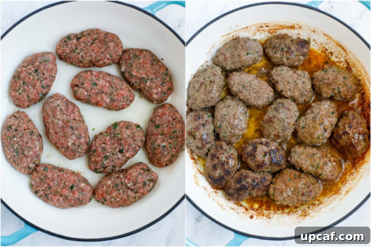 Hearty Kafta and Potato Stew 7 A sequence of images showing kafta patties being formed by hand and then sizzling in a hot skillet with olive oil until golden brown.