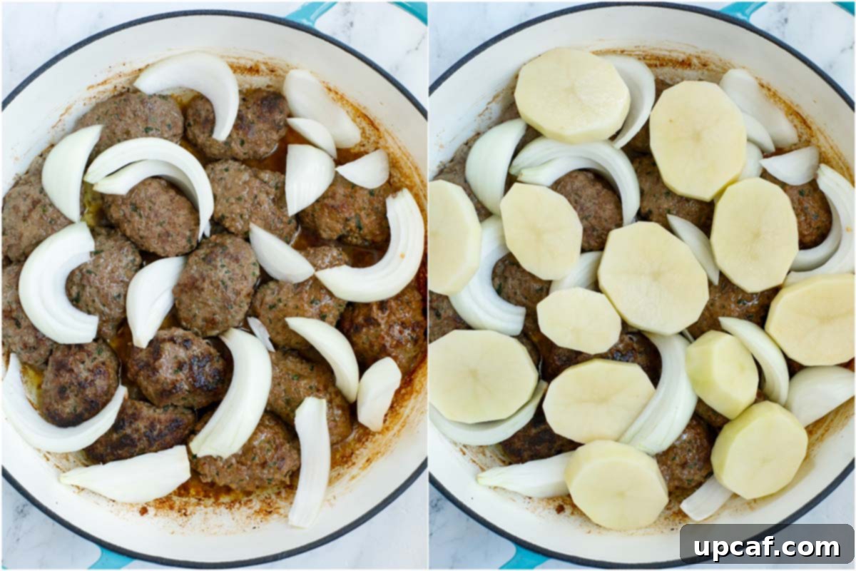Hearty Kafta and Potato Stew 8 A step-by-step image showcasing the assembly of kafta stew. First, seared kafta patties are placed in a pot, followed by sliced onions, and then layers of raw potato slices.