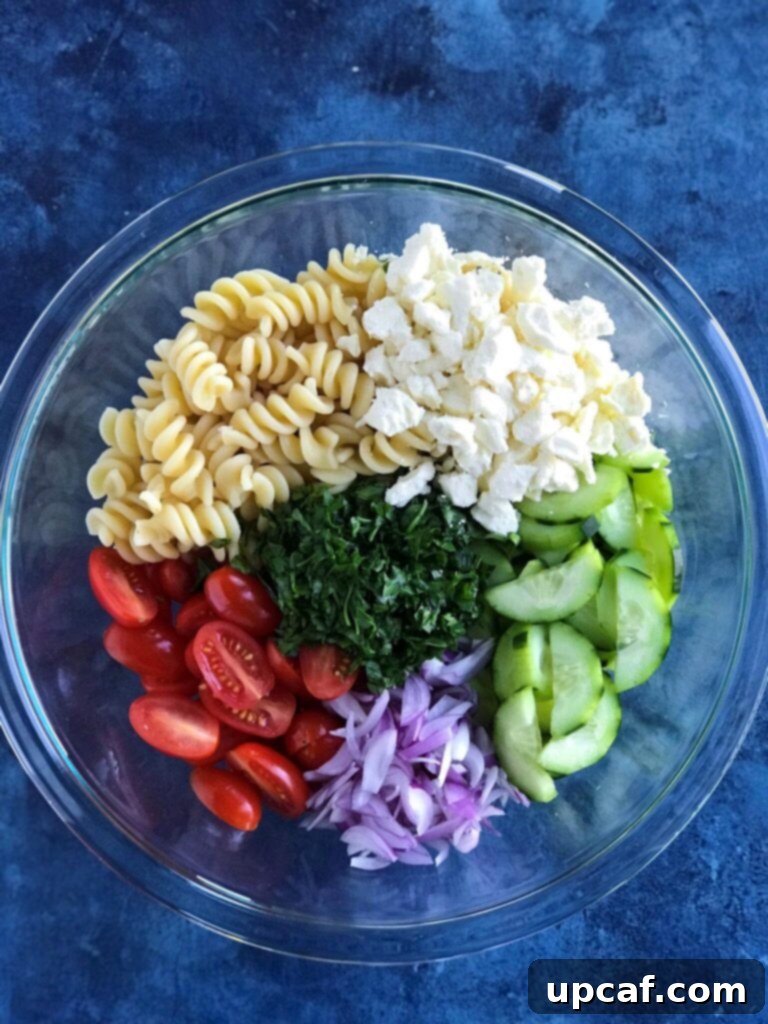 Vibrant Greek Pasta Salad 3 All the fresh ingredients for Greek Pasta Salad: feta cheese, pasta, crisp cucumbers, ripe tomatoes, red onion, and fresh parsley ready for mixing.