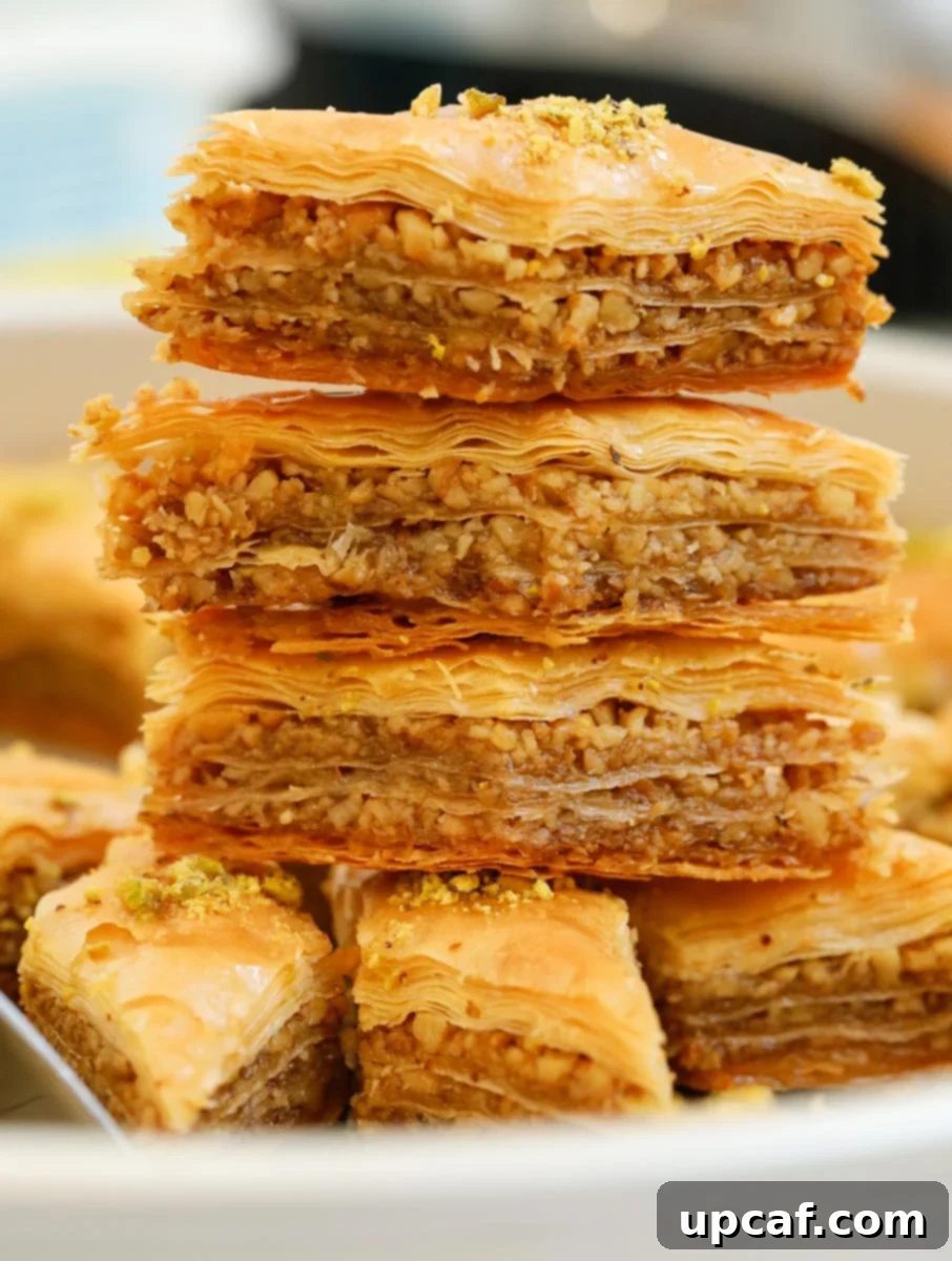 Multiple walnut baklava stacked on top of each other.