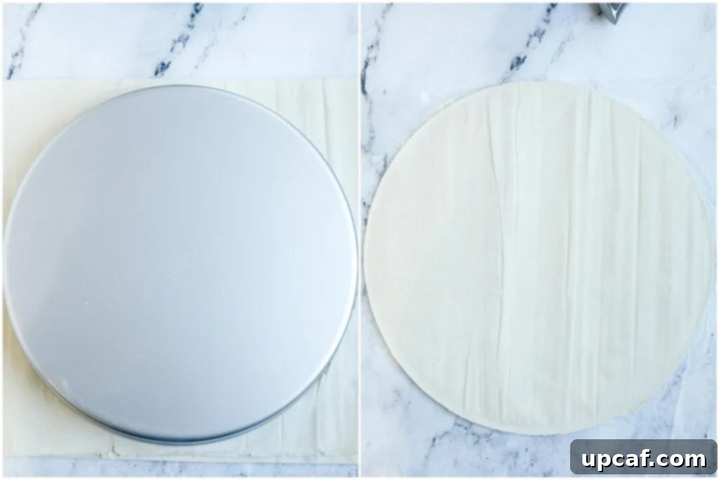 Using the round pan to cut phyllo shape.