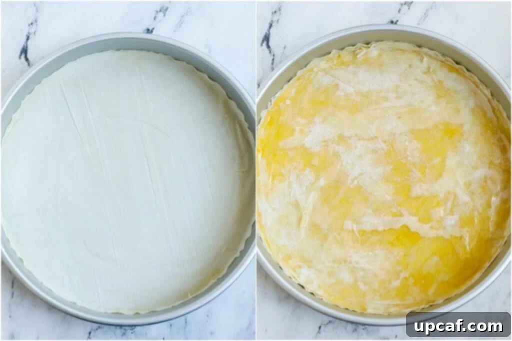 Set of two photos showing phyllo sheets in a round container and then brushed with ghee and syrup.