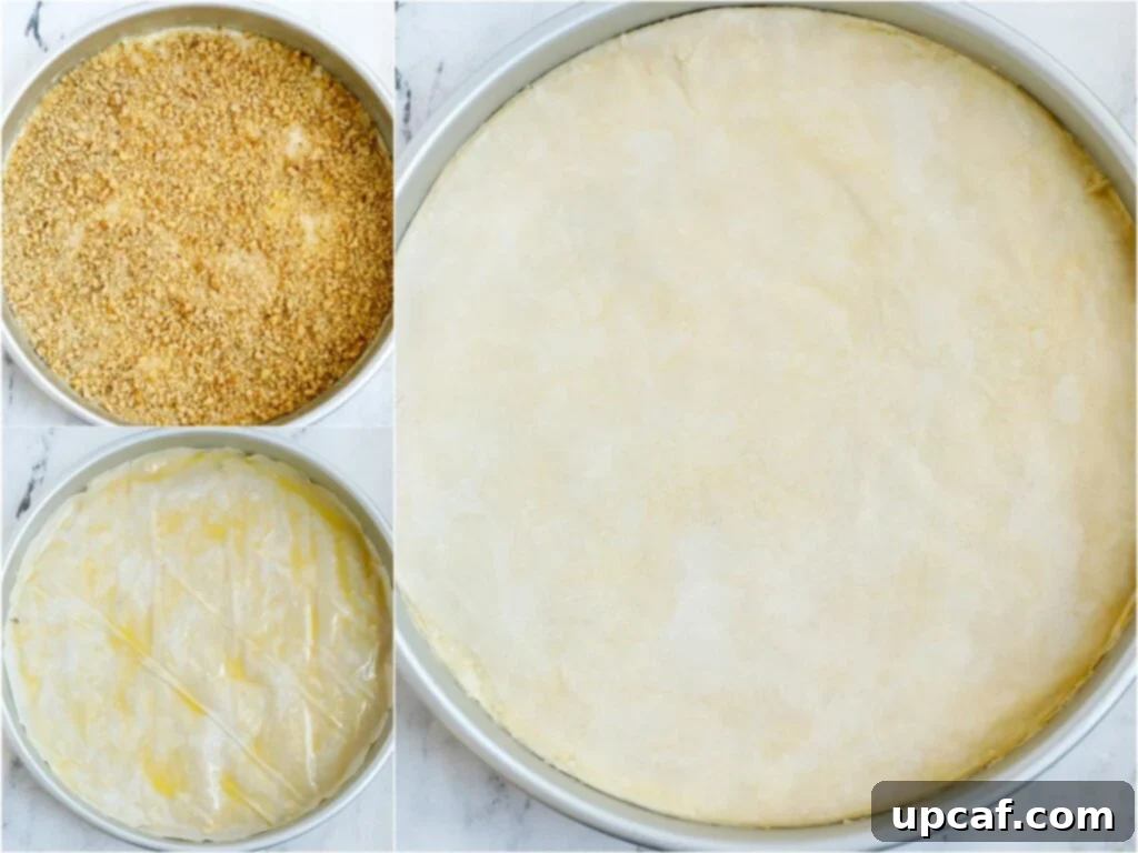 Set of three photos showing walnuts put on top of phyllo, then more phyllo layered on top.