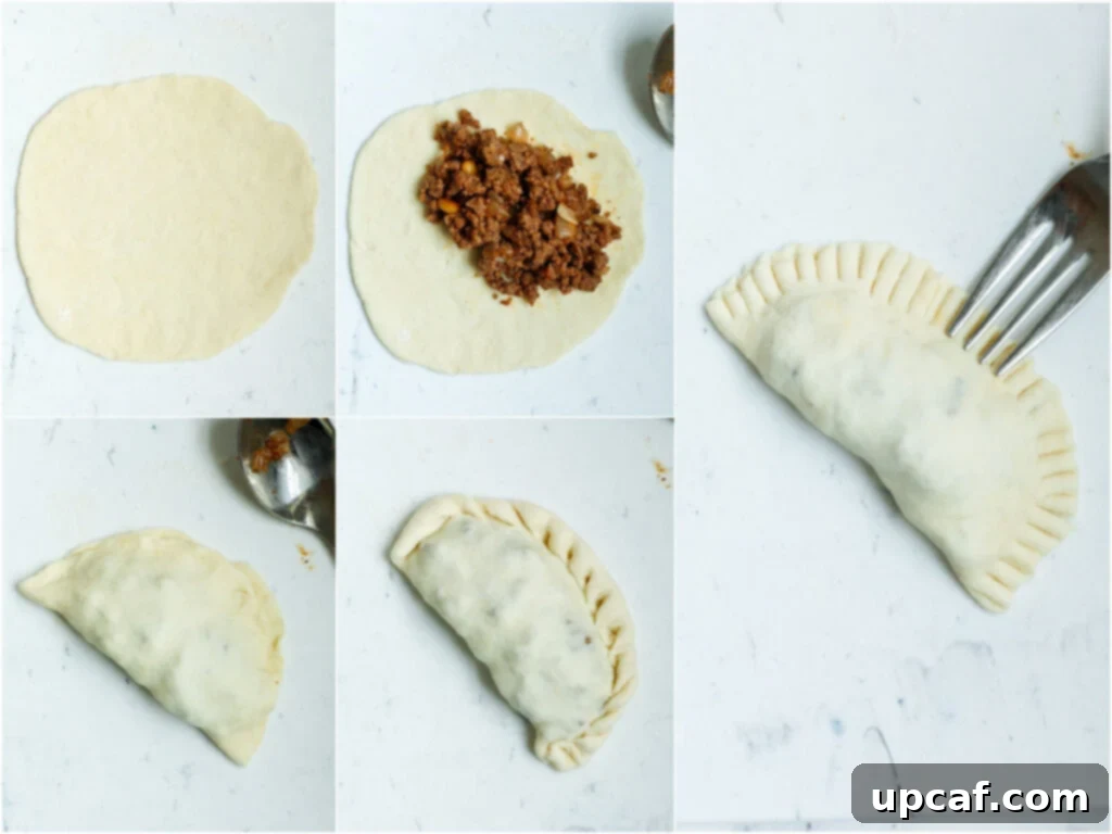 A visual guide in five photos on how to roll out dough, add filling, fold, and seal Lebanese meat pies.