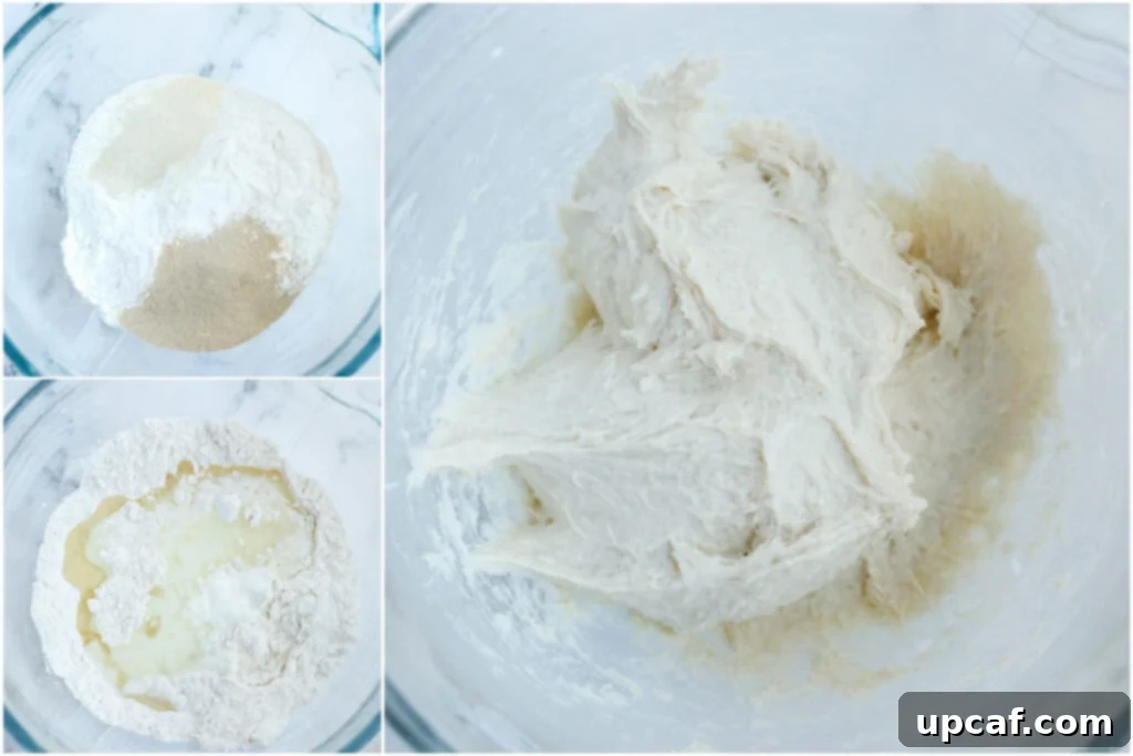 Series of photos illustrating the process of mixing and kneading meat pie dough.