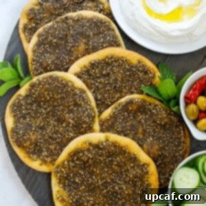 Savory Zaatar Flatbread 13 top down shot of zaatar manakeesh on a dark board with labneh, cucumber and olives