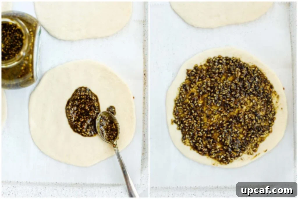 Savory Zaatar Flatbread 10 top down show spreading the zaatar on the dough