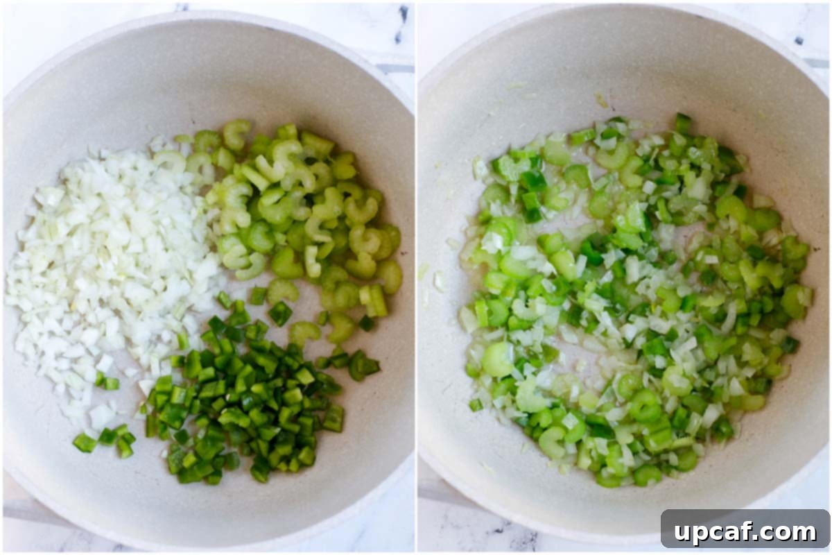 Garden Fresh Veggie Delight 4 Two side-by-side photos demonstrating the initial sautéing process for vegetable soup. The first shows diced onions, bell peppers, and celery added to a pot with oil, and the second shows them softened and translucent after sautéing.