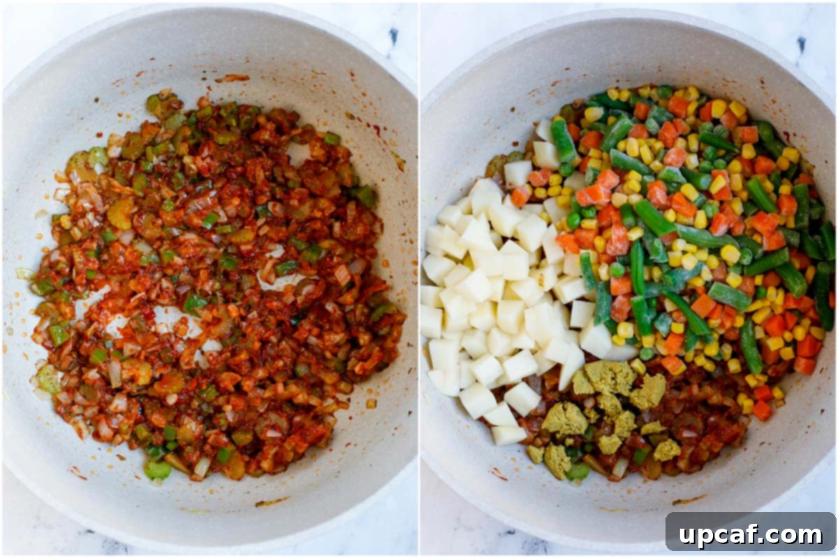 Garden Fresh Veggie Delight 5 The process of making vegetable soup, showing the addition of tomato paste and then frozen mixed vegetables to a pot of sautéed aromatics, illustrating the layering of flavors.