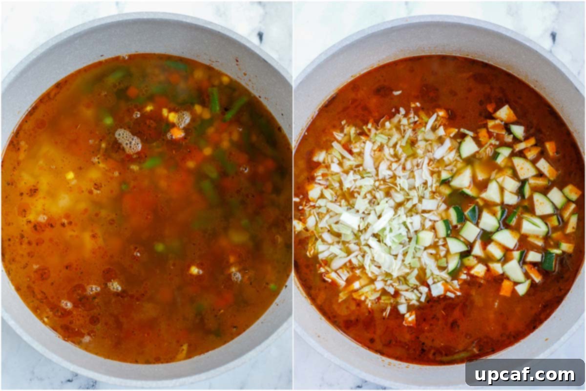 Garden Fresh Veggie Delight 6 Two images demonstrating the preparation of vegetable soup. The first shows liquid being added to the pot of vegetables, and the second shows more fresh vegetables, like cabbage and zucchini, being stirred into the simmering soup.
