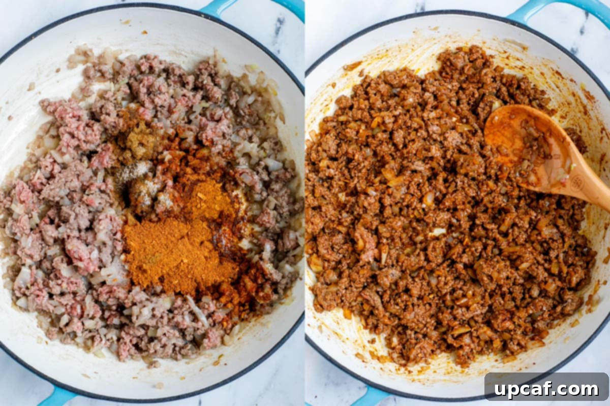 Speedy Cheesy Chili Mac 4 Set of two photos showing seasoning being added to ground meat in a skillet.