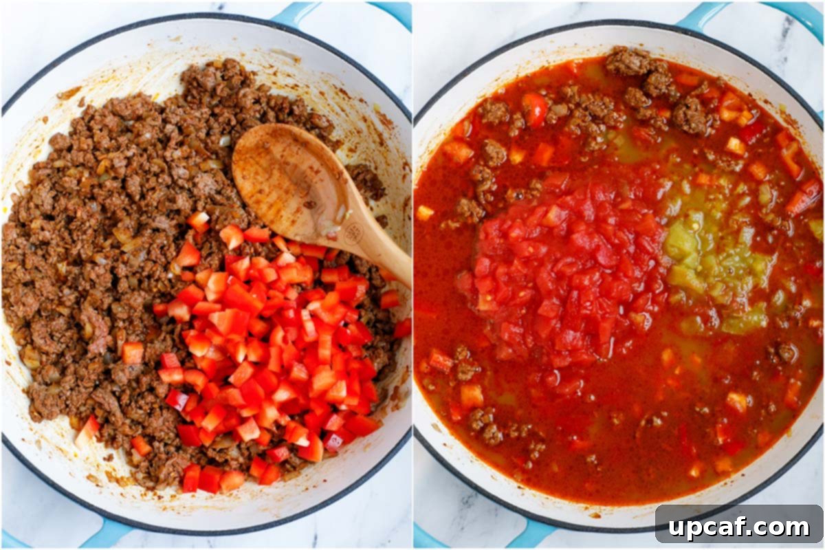 Speedy Cheesy Chili Mac 5 Set of two photos showing bell peppers added to a pot, followed by diced tomatoes with liquid.